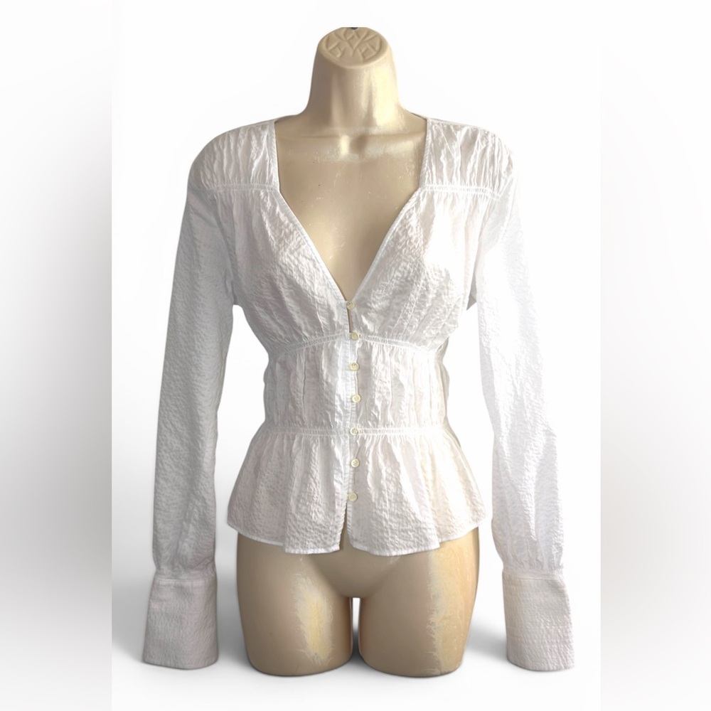 Frame White V-Neck Crinkle Smoked Blouse Crop Long Sleeve Blouse Size S Boho Top